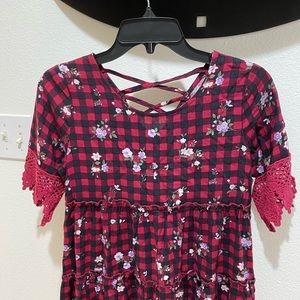 Ten Sixty Sherman Girls Burgundy Gingham Tiered Dress w/Crocheted Sleeves - L